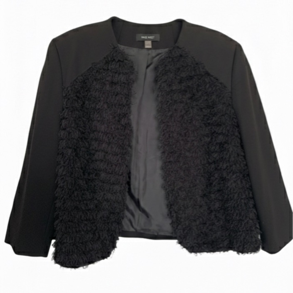 NINE WEST PLUS Women’s Blazer Open Cropped Black‎ Soft Front Fringe Lined 16